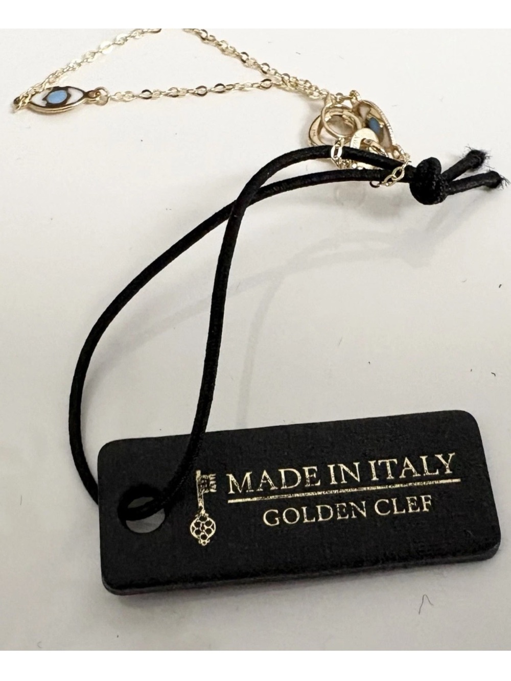 14K Yellow Gold Golden Clef Blue White Evil Eye Enamel Dainty Chain 585 Bracelet - Picture 3 of 7